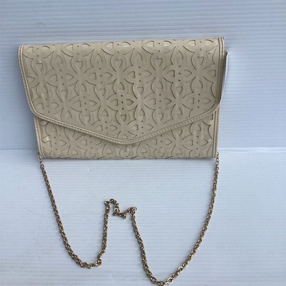 Urban Expressions Beige Floral Perforated Clutch with Gold Chain Strap